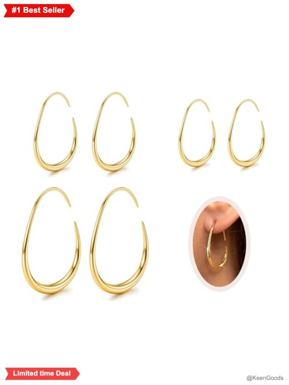 14K Gold Plated Teardrop Hoop Earrings Hypoallergenic Thin Dangle Set